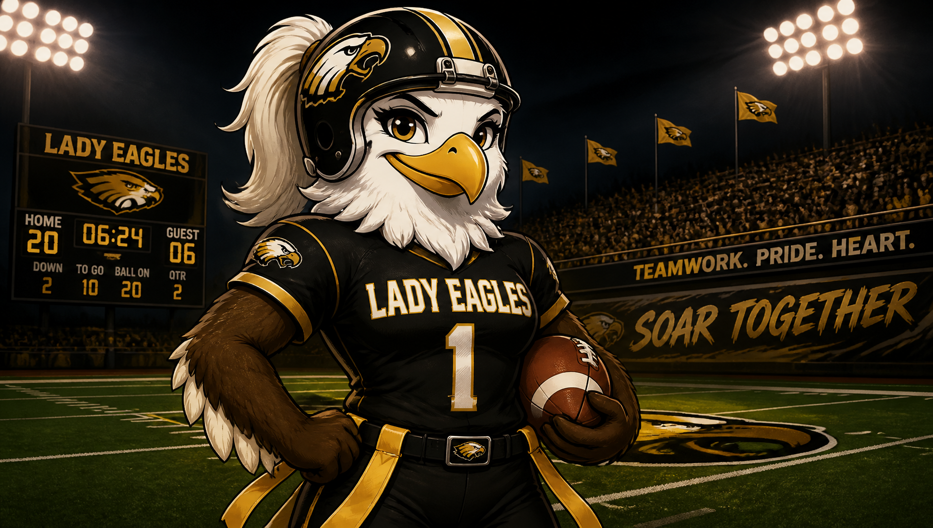 Lady Eagles mascot — a helmeted eagle holding a football on the field